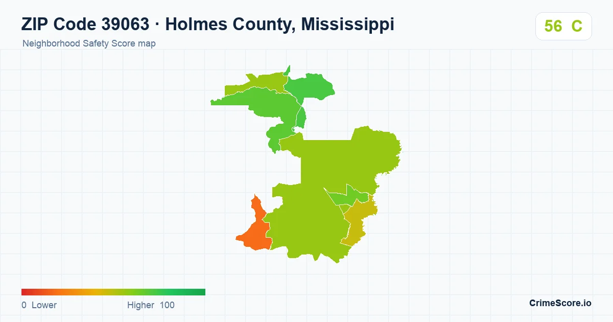 ZIP Code 39063 in Holmes County, Mississippi neighborhood Safety Score map