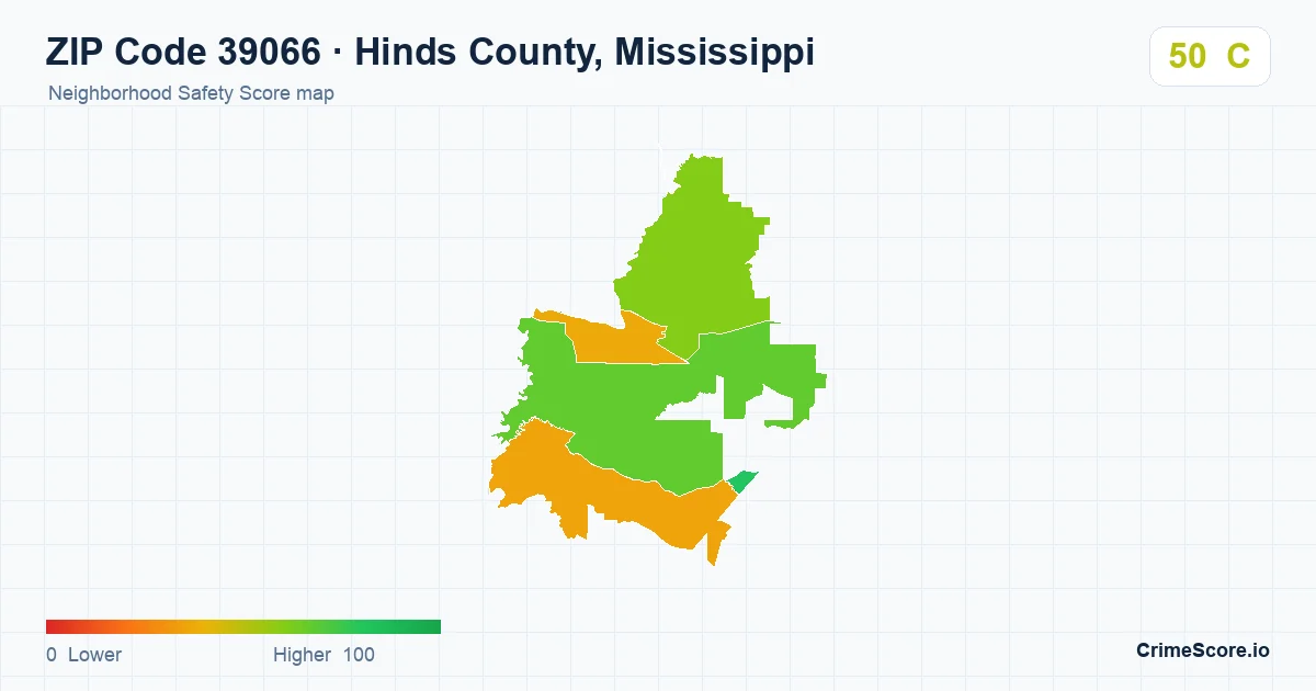 ZIP Code 39066 in Hinds County, Mississippi neighborhood Safety Score map