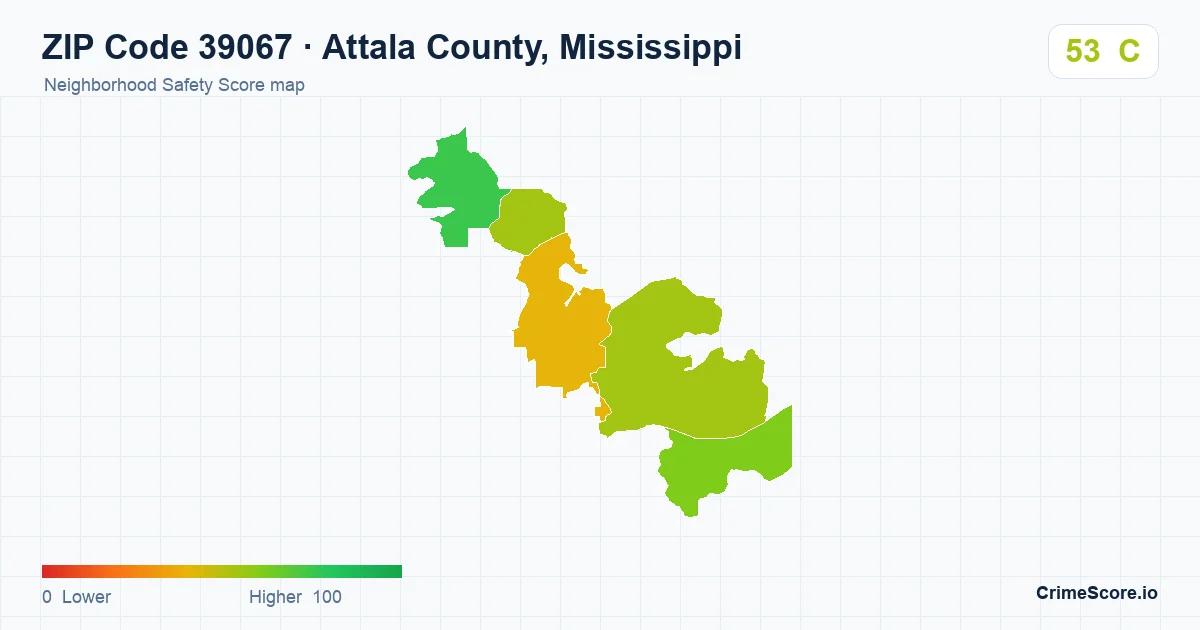 ZIP Code 39067 in Attala County, Mississippi neighborhood Safety Score map