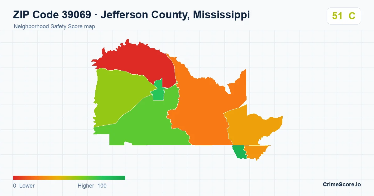 ZIP Code 39069 in Jefferson County, Mississippi neighborhood Safety Score map