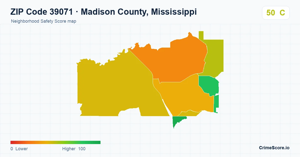 ZIP Code 39071 in Madison County, Mississippi neighborhood Safety Score map