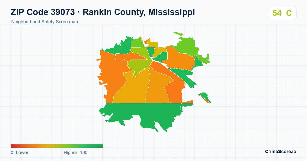 ZIP Code 39073 in Rankin County, Mississippi neighborhood Safety Score map