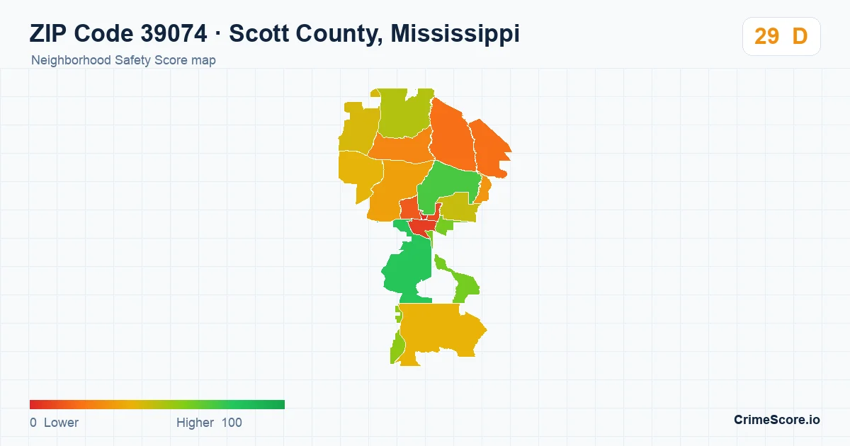 ZIP Code 39074 in Scott County, Mississippi neighborhood Safety Score map