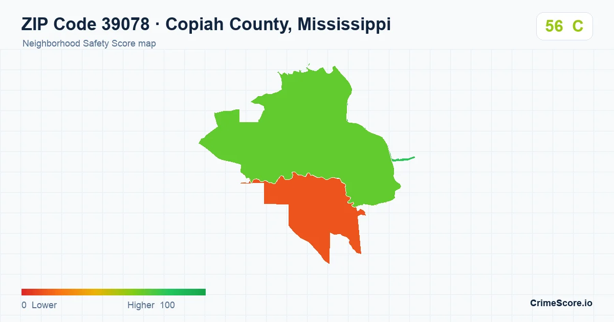 ZIP Code 39078 in Copiah County, Mississippi neighborhood Safety Score map