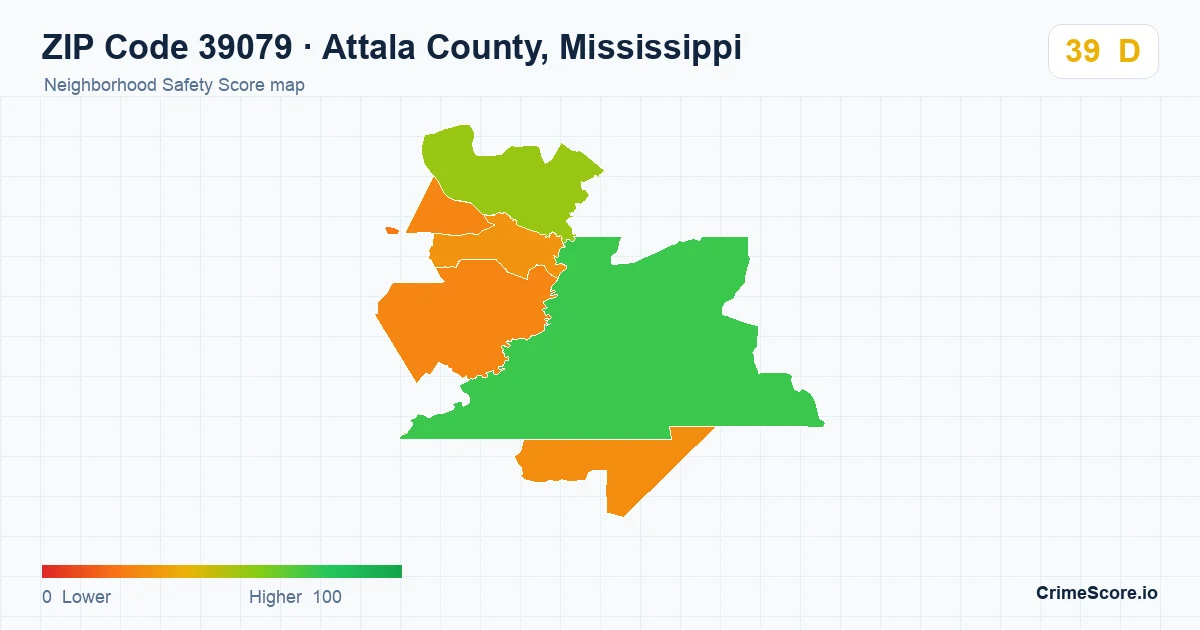 ZIP Code 39079 in Attala County, Mississippi neighborhood Safety Score map