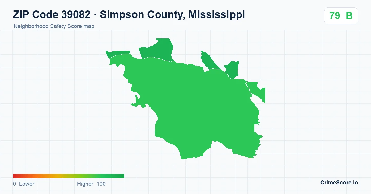 ZIP Code 39082 in Simpson County, Mississippi neighborhood Safety Score map