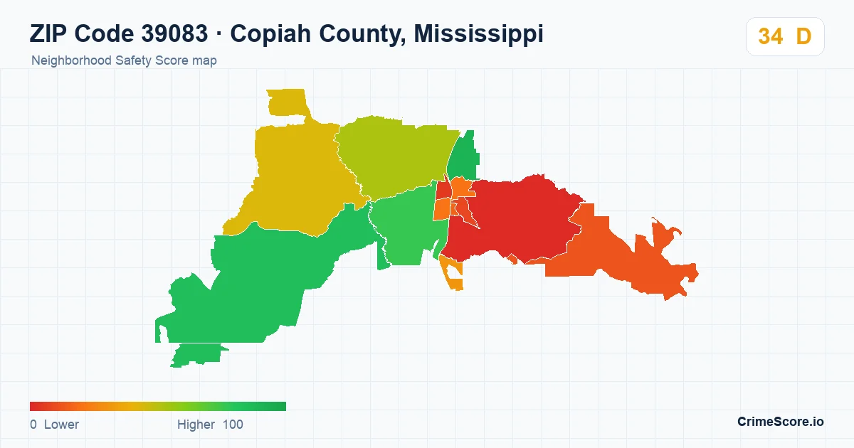 ZIP Code 39083 in Copiah County, Mississippi neighborhood Safety Score map