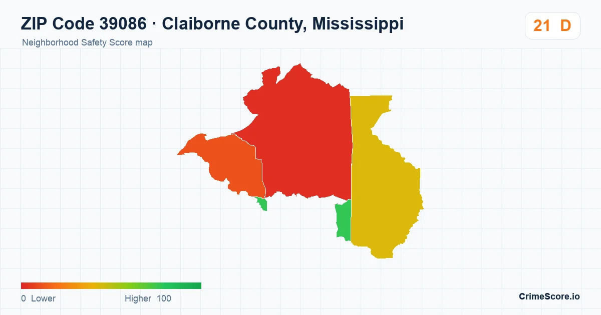 ZIP Code 39086 in Claiborne County, Mississippi neighborhood Safety Score map