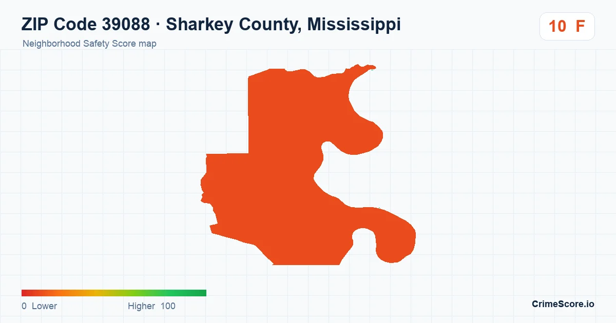 ZIP Code 39088 in Sharkey County, Mississippi neighborhood Safety Score map