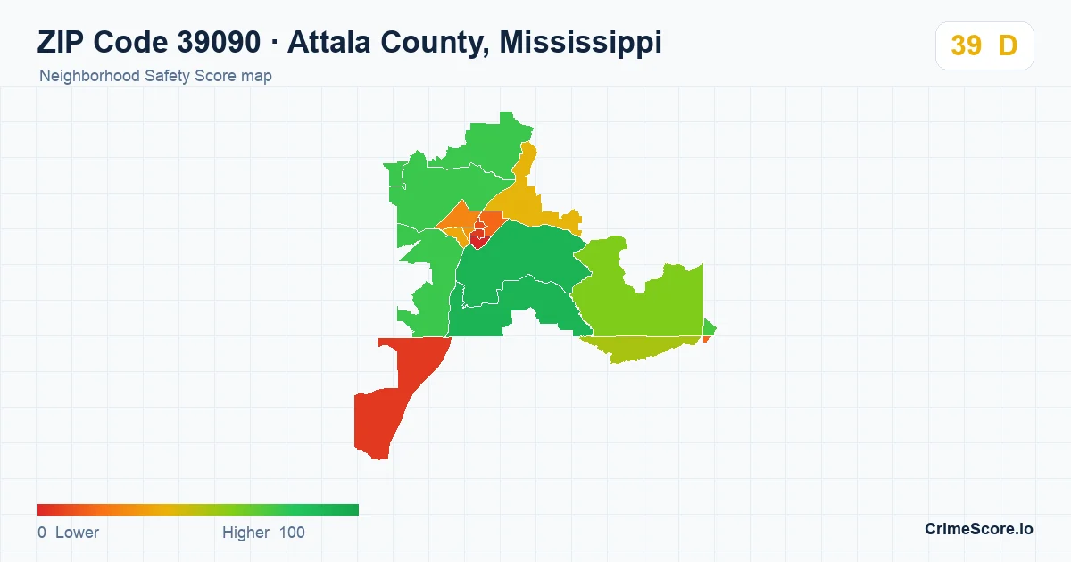 ZIP Code 39090 in Attala County, Mississippi neighborhood Safety Score map