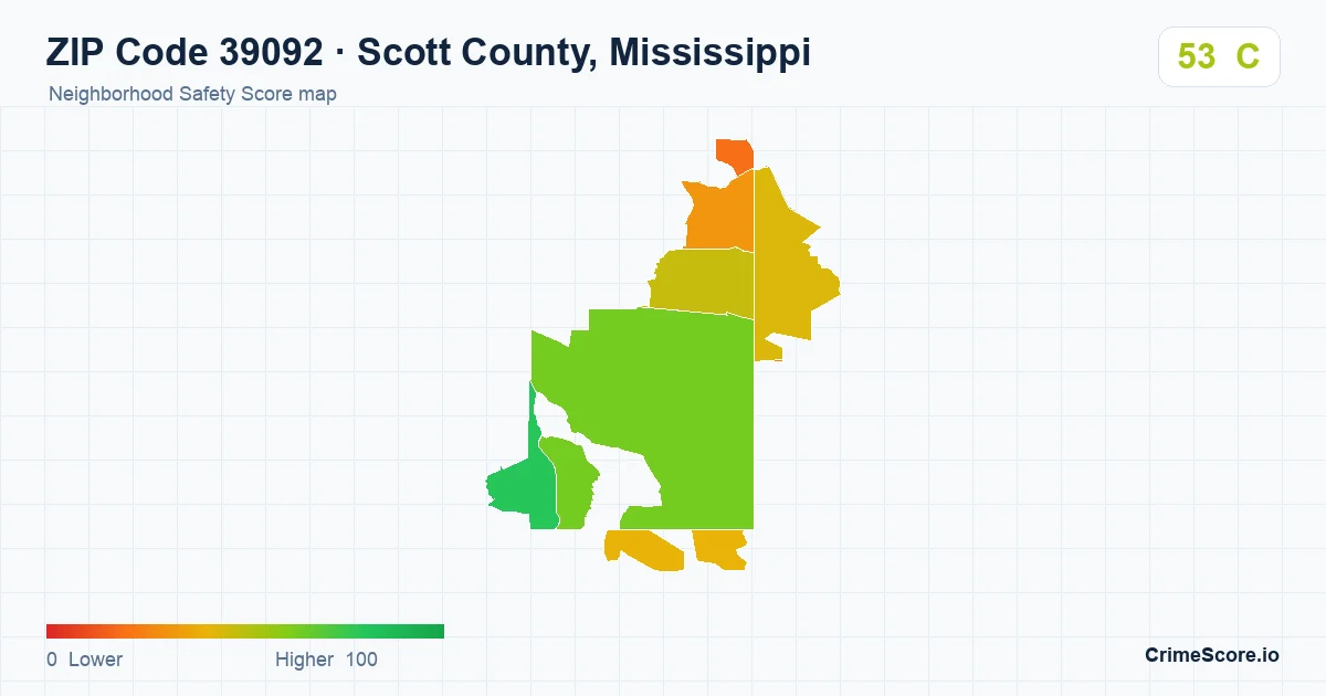 ZIP Code 39092 in Scott County, Mississippi neighborhood Safety Score map