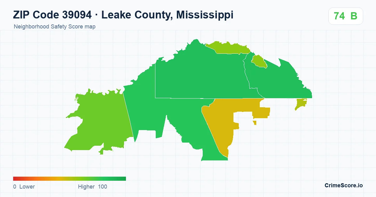 ZIP Code 39094 in Leake County, Mississippi neighborhood Safety Score map