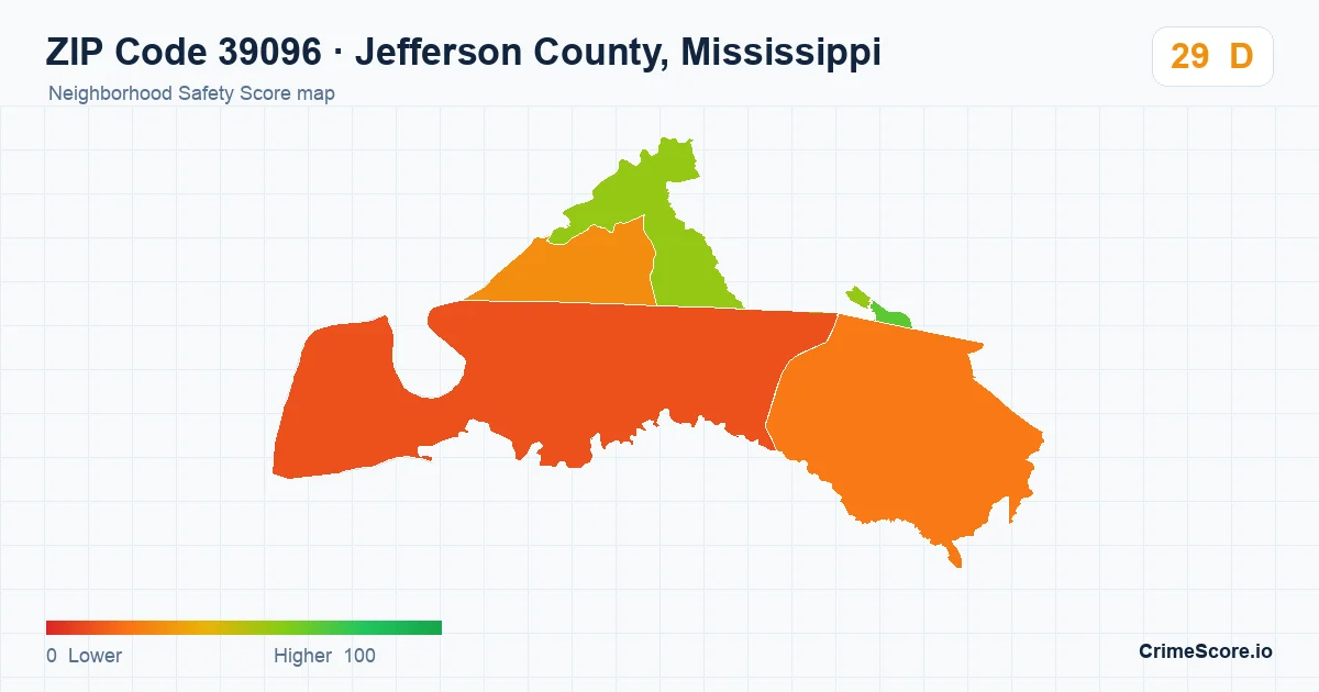 ZIP Code 39096 in Jefferson County, Mississippi neighborhood Safety Score map