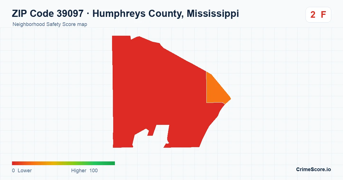 ZIP Code 39097 in Humphreys County, Mississippi neighborhood Safety Score map