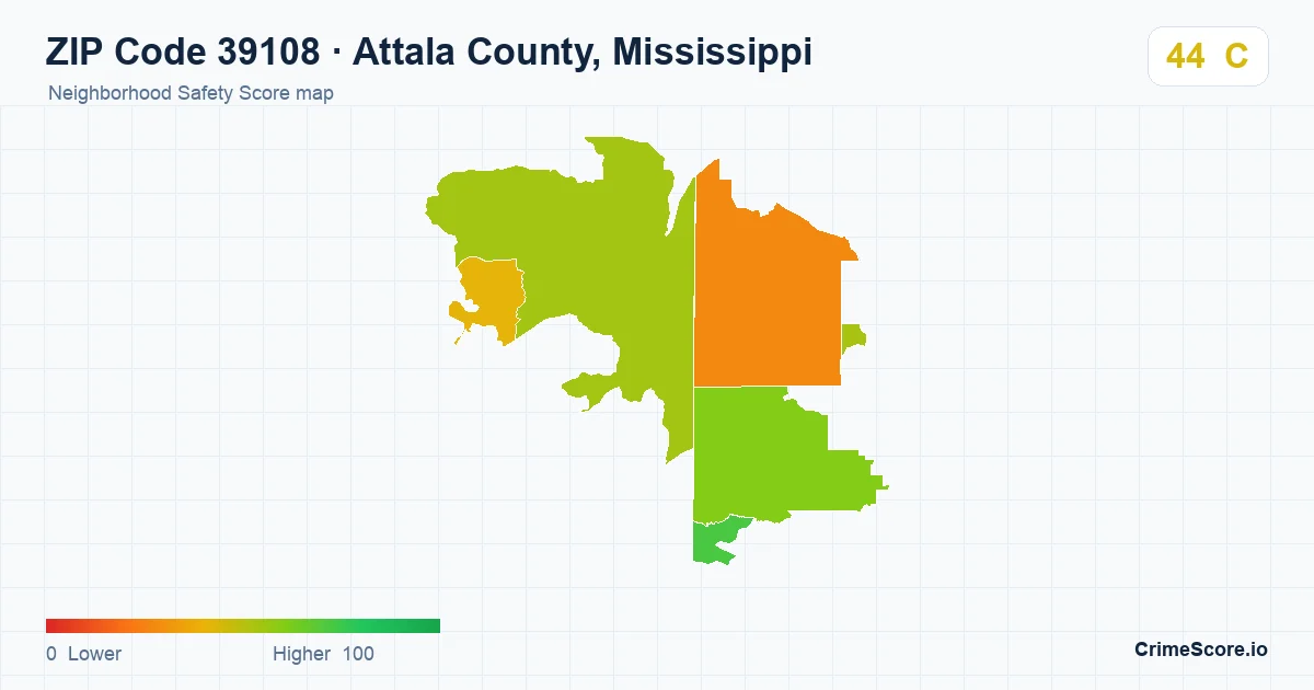 ZIP Code 39108 in Attala County, Mississippi neighborhood Safety Score map