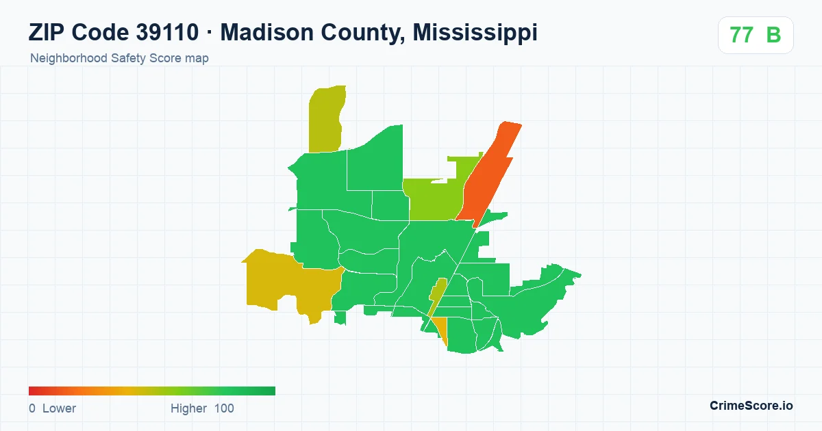 ZIP Code 39110 in Madison County, Mississippi neighborhood Safety Score map