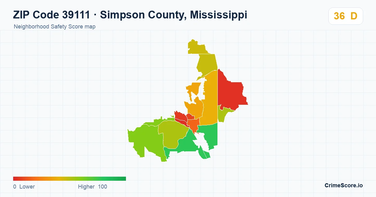 ZIP Code 39111 in Simpson County, Mississippi neighborhood Safety Score map
