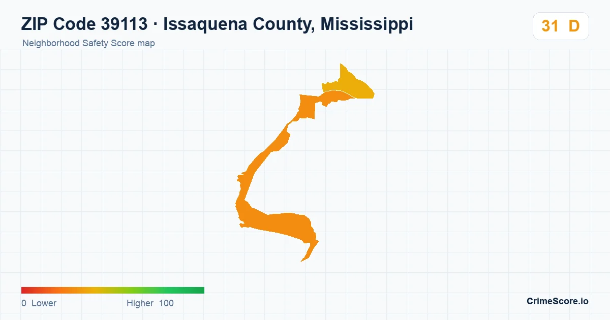 ZIP Code 39113 in Issaquena County, Mississippi neighborhood Safety Score map
