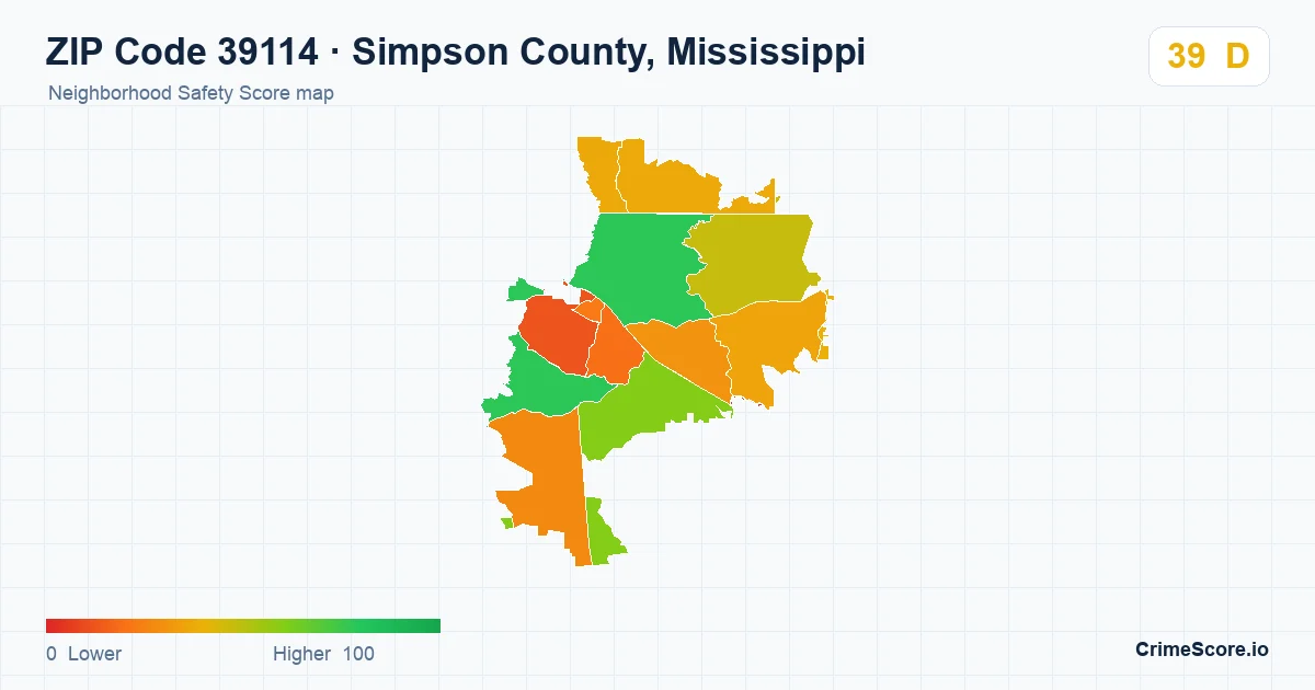 ZIP Code 39114 in Simpson County, Mississippi neighborhood Safety Score map