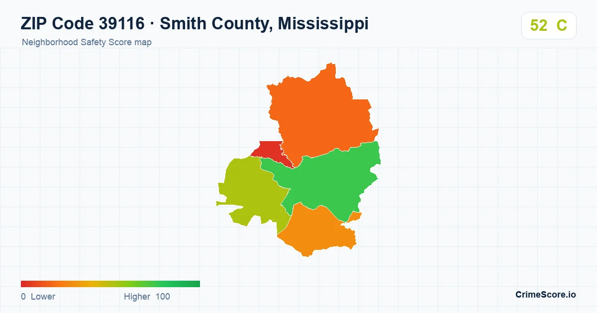 ZIP Code 39116 in Smith County, Mississippi neighborhood Safety Score map