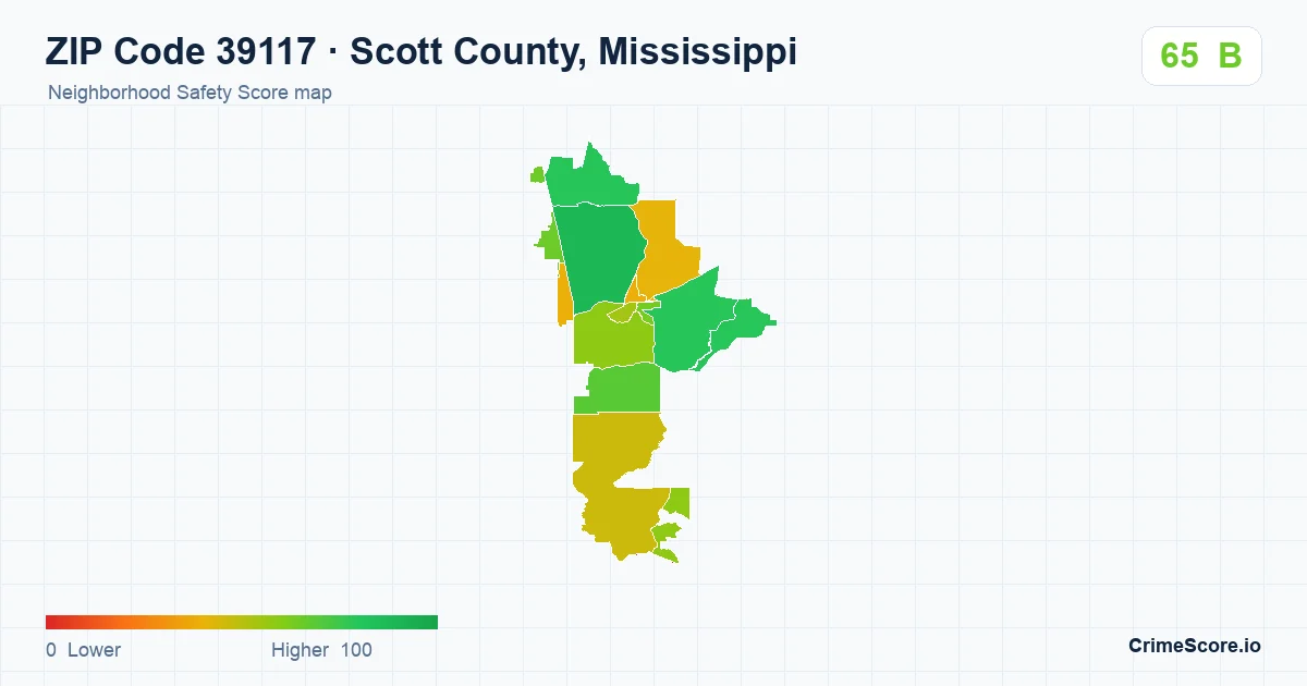 ZIP Code 39117 in Scott County, Mississippi neighborhood Safety Score map