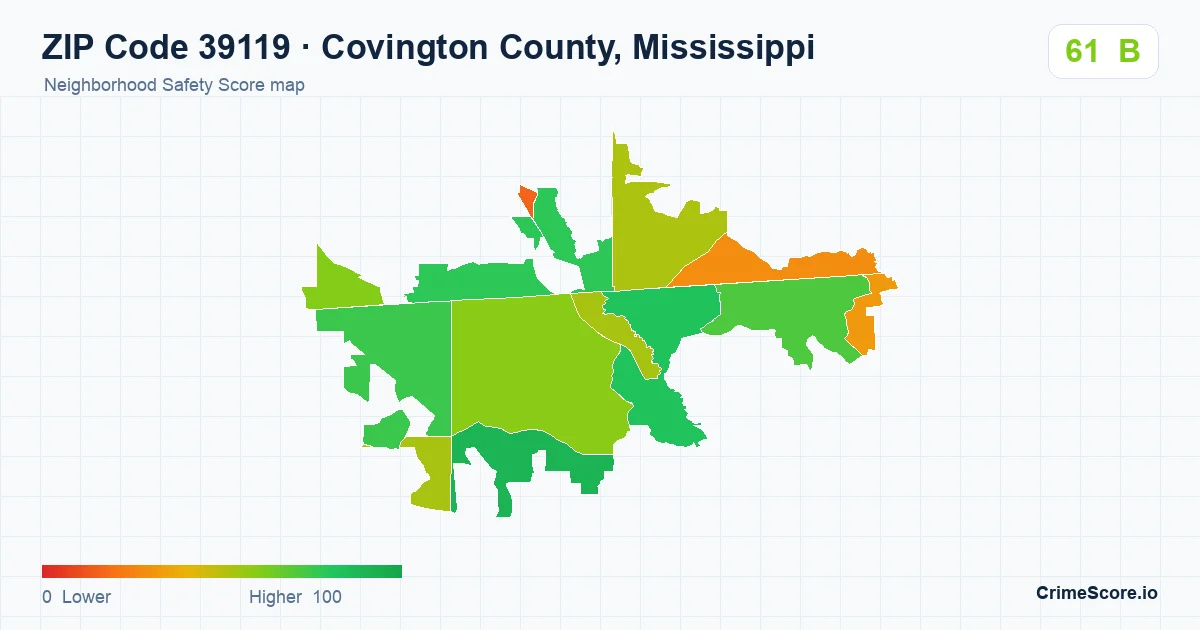 ZIP Code 39119 in Covington County, Mississippi neighborhood Safety Score map