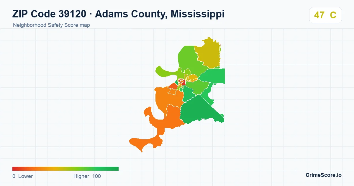 ZIP Code 39120 in Adams County, Mississippi neighborhood Safety Score map