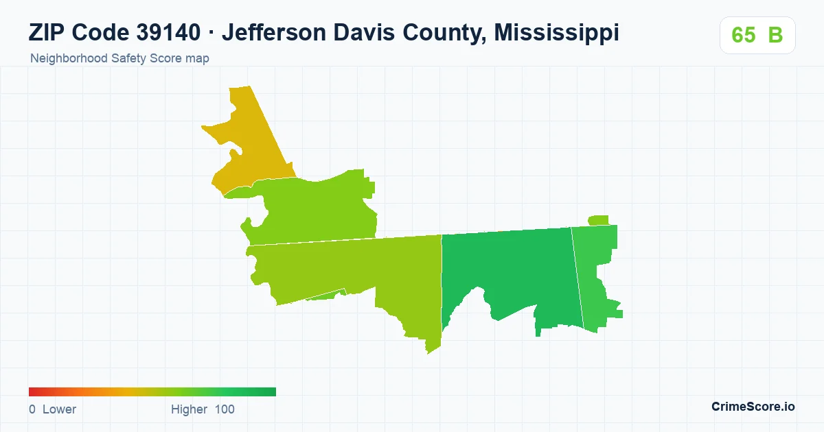 ZIP Code 39140 in Jefferson Davis County, Mississippi neighborhood Safety Score map