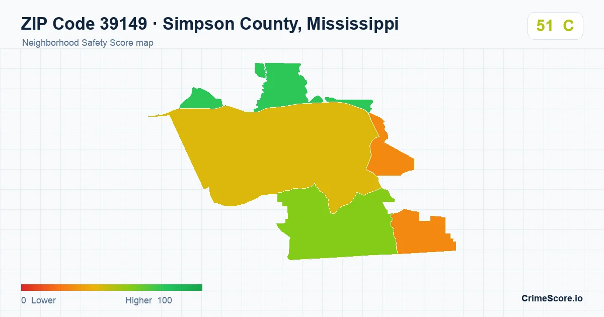 ZIP Code 39149 in Simpson County, Mississippi neighborhood Safety Score map