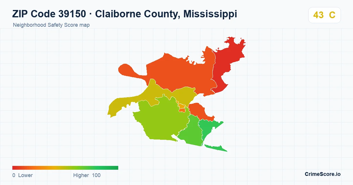 ZIP Code 39150 in Claiborne County, Mississippi neighborhood Safety Score map