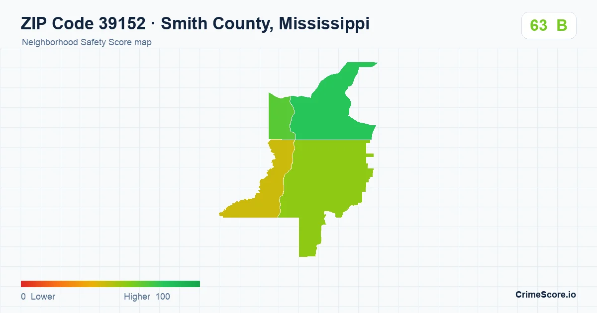 ZIP Code 39152 in Smith County, Mississippi neighborhood Safety Score map