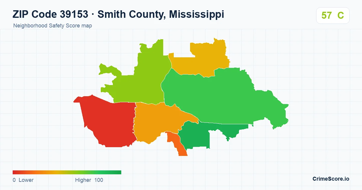 ZIP Code 39153 in Smith County, Mississippi neighborhood Safety Score map