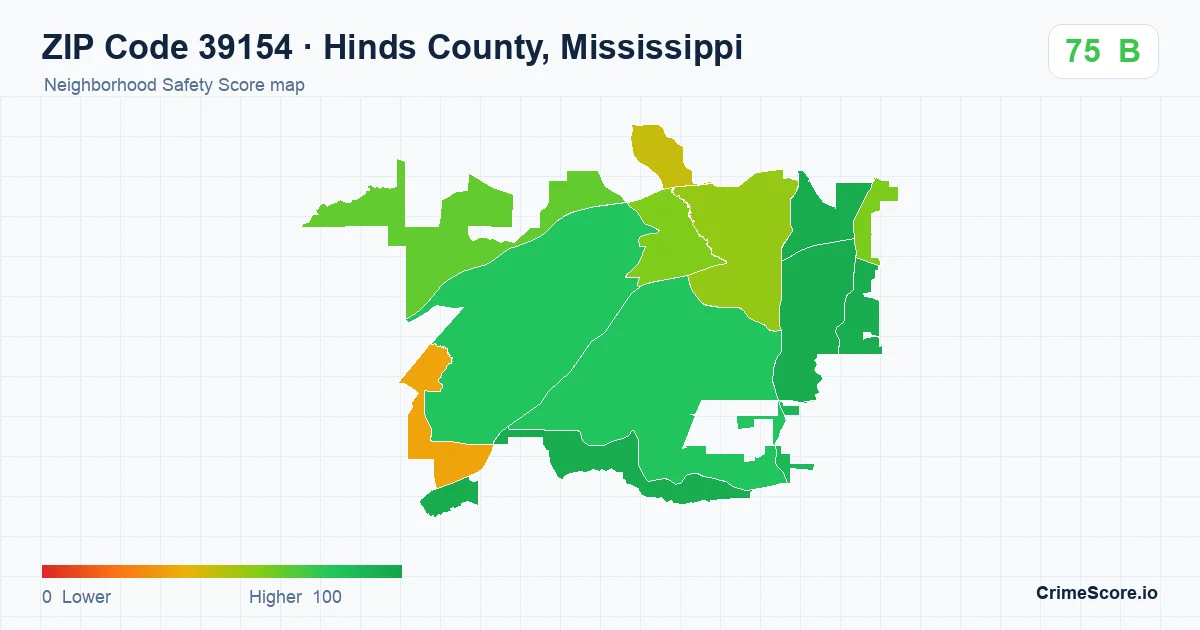 ZIP Code 39154 in Hinds County, Mississippi neighborhood Safety Score map