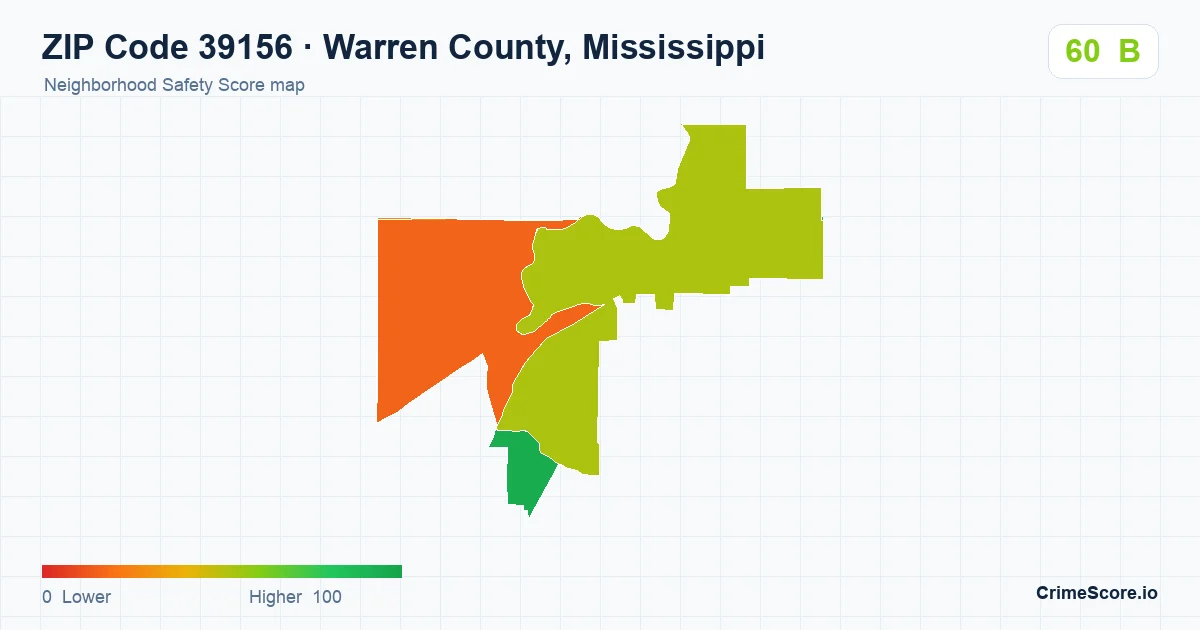 ZIP Code 39156 in Warren County, Mississippi neighborhood Safety Score map