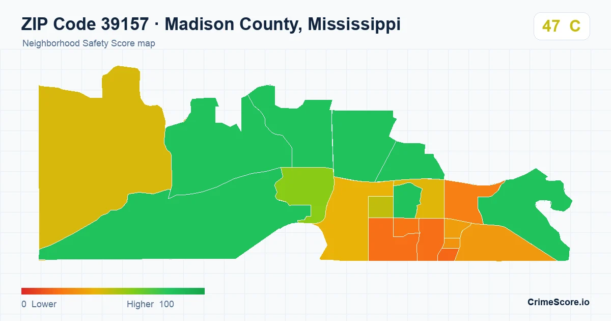 ZIP Code 39157 in Madison County, Mississippi neighborhood Safety Score map