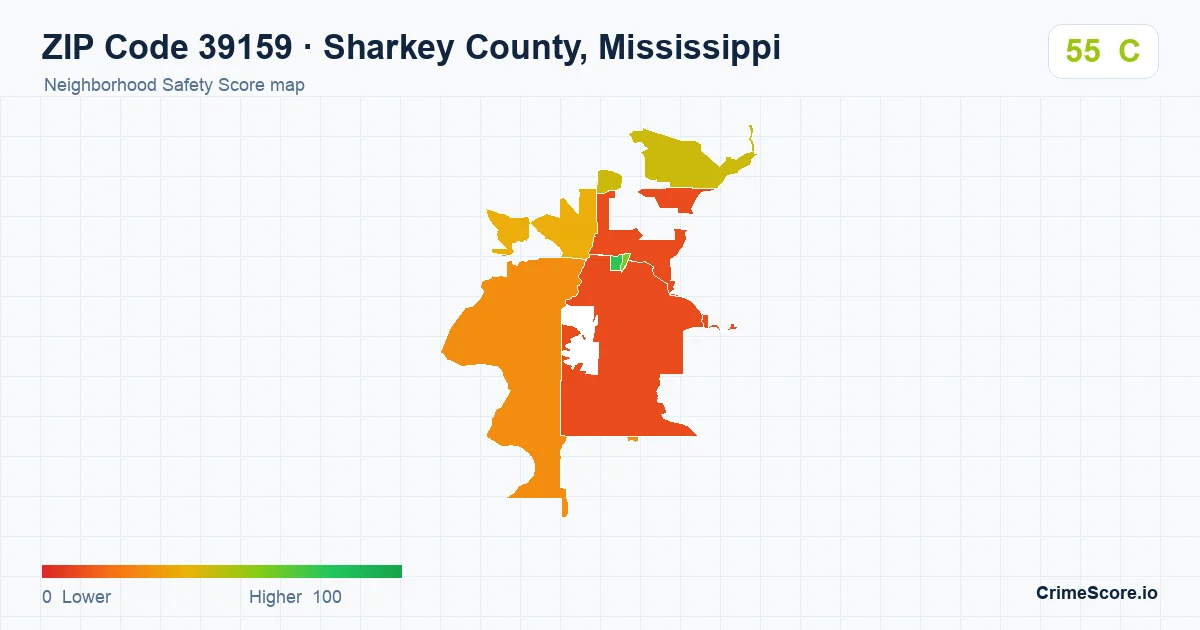 ZIP Code 39159 in Sharkey County, Mississippi neighborhood Safety Score map