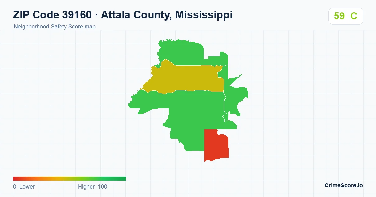 ZIP Code 39160 in Attala County, Mississippi neighborhood Safety Score map