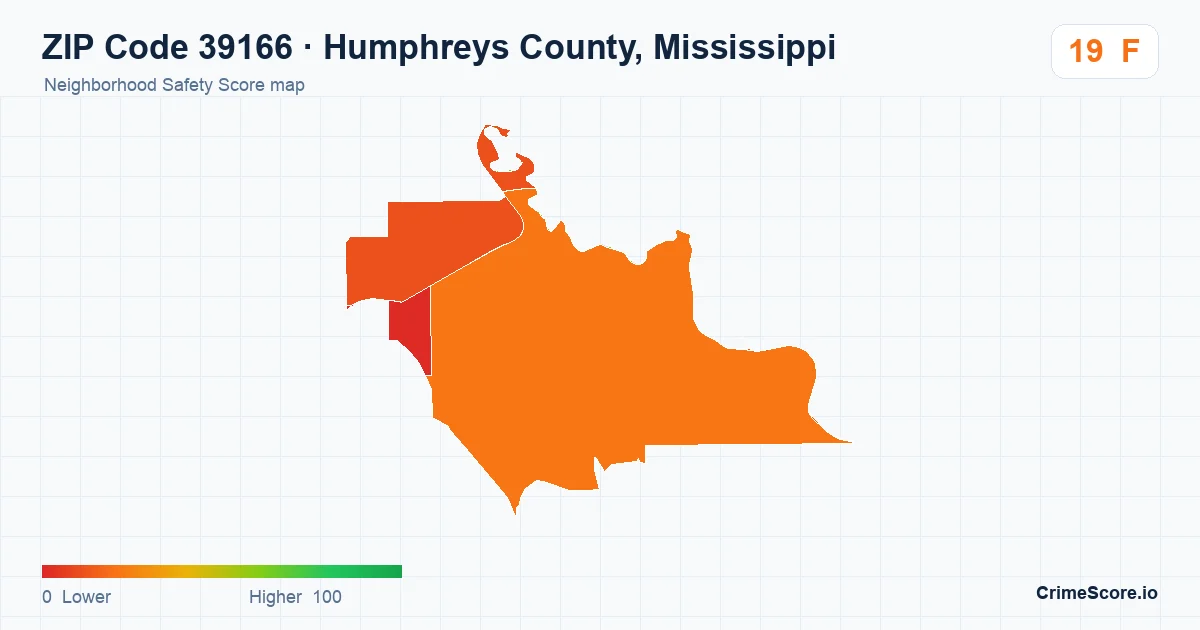 ZIP Code 39166 in Humphreys County, Mississippi neighborhood Safety Score map