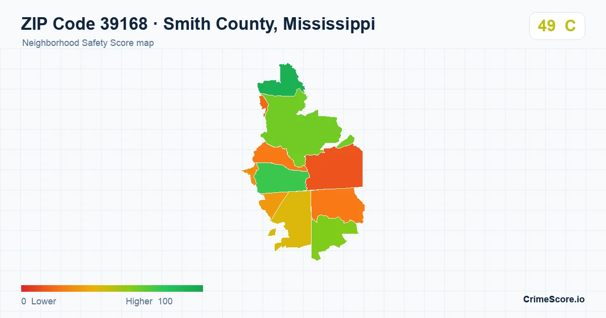 ZIP Code 39168 in Smith County, Mississippi neighborhood Safety Score map