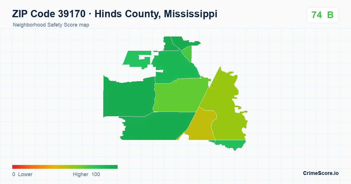 ZIP Code 39170 in Hinds County, Mississippi neighborhood Safety Score map