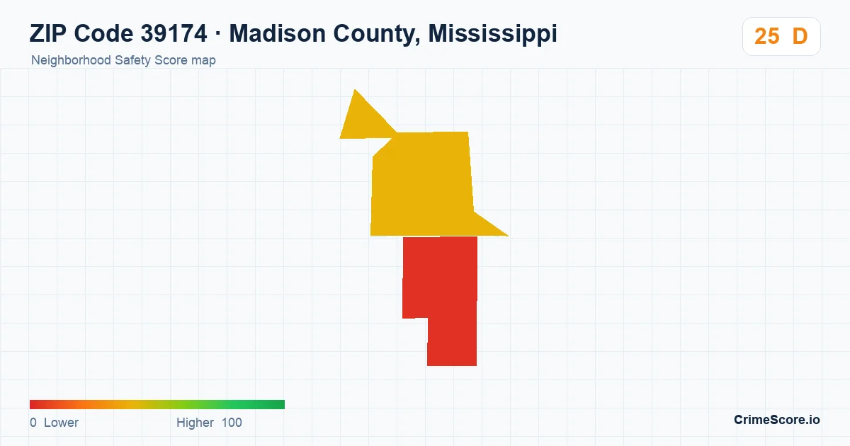 ZIP Code 39174 in Madison County, Mississippi neighborhood Safety Score map