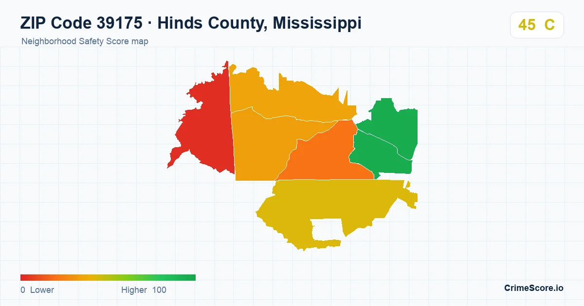 ZIP Code 39175 in Hinds County, Mississippi neighborhood Safety Score map