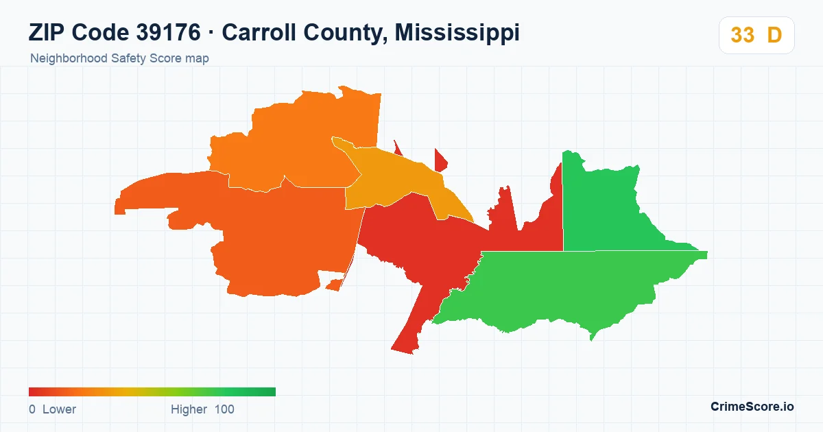 ZIP Code 39176 in Carroll County, Mississippi neighborhood Safety Score map