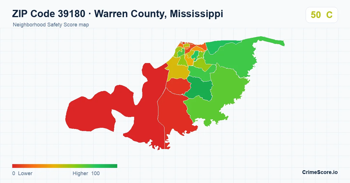 ZIP Code 39180 in Warren County, Mississippi neighborhood Safety Score map