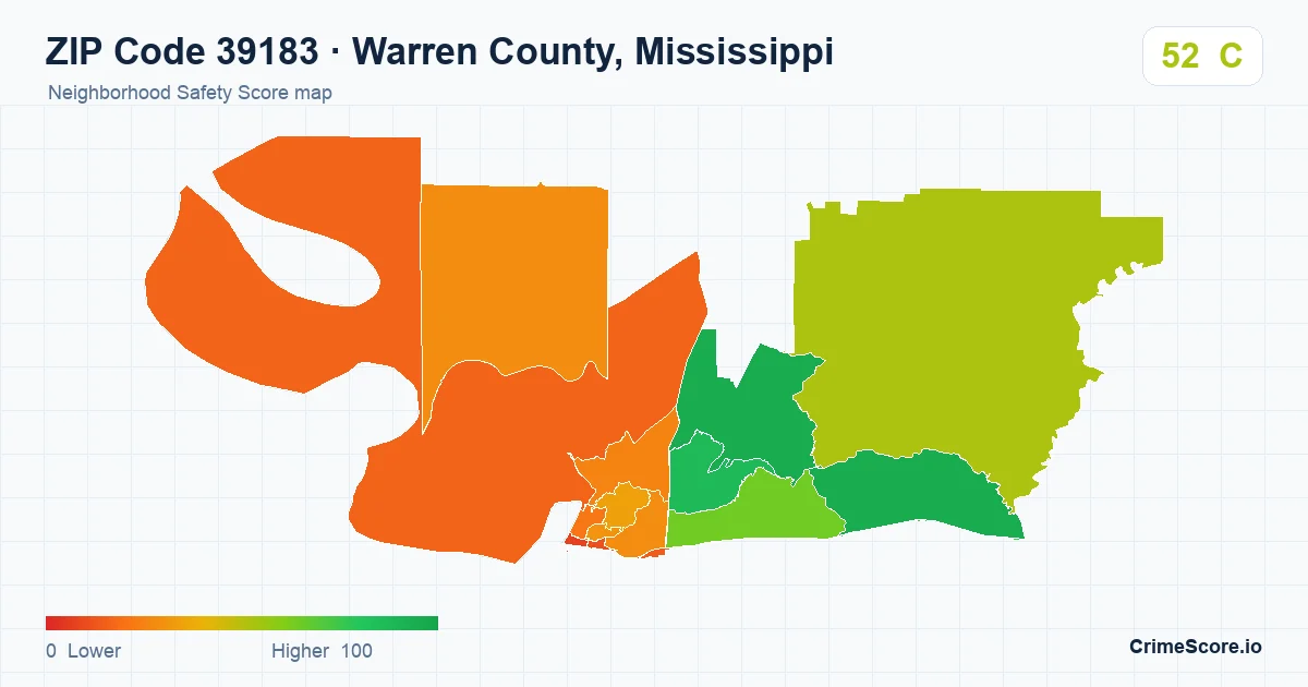 ZIP Code 39183 in Warren County, Mississippi neighborhood Safety Score map