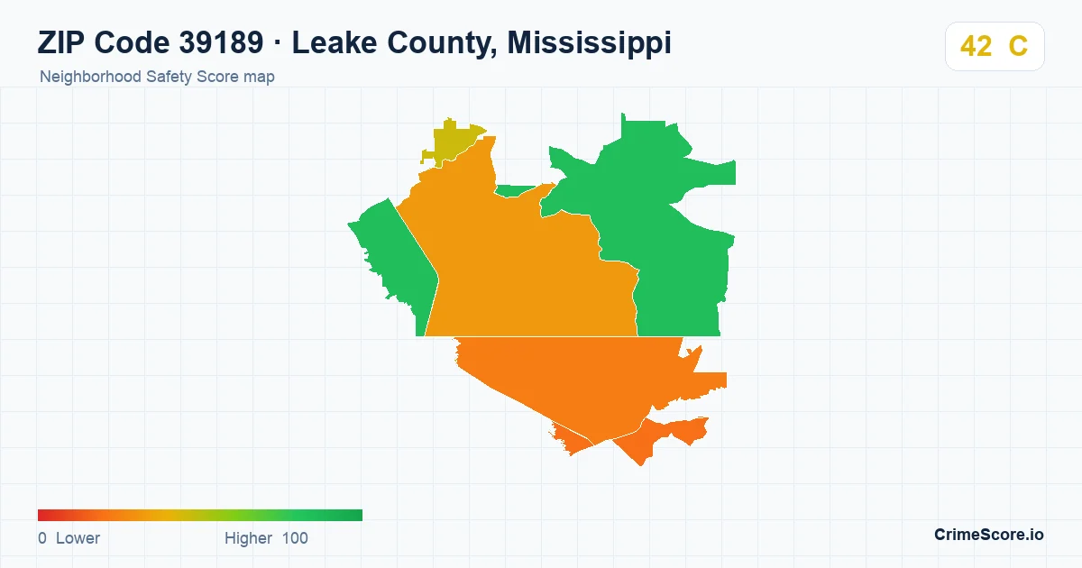 ZIP Code 39189 in Leake County, Mississippi neighborhood Safety Score map