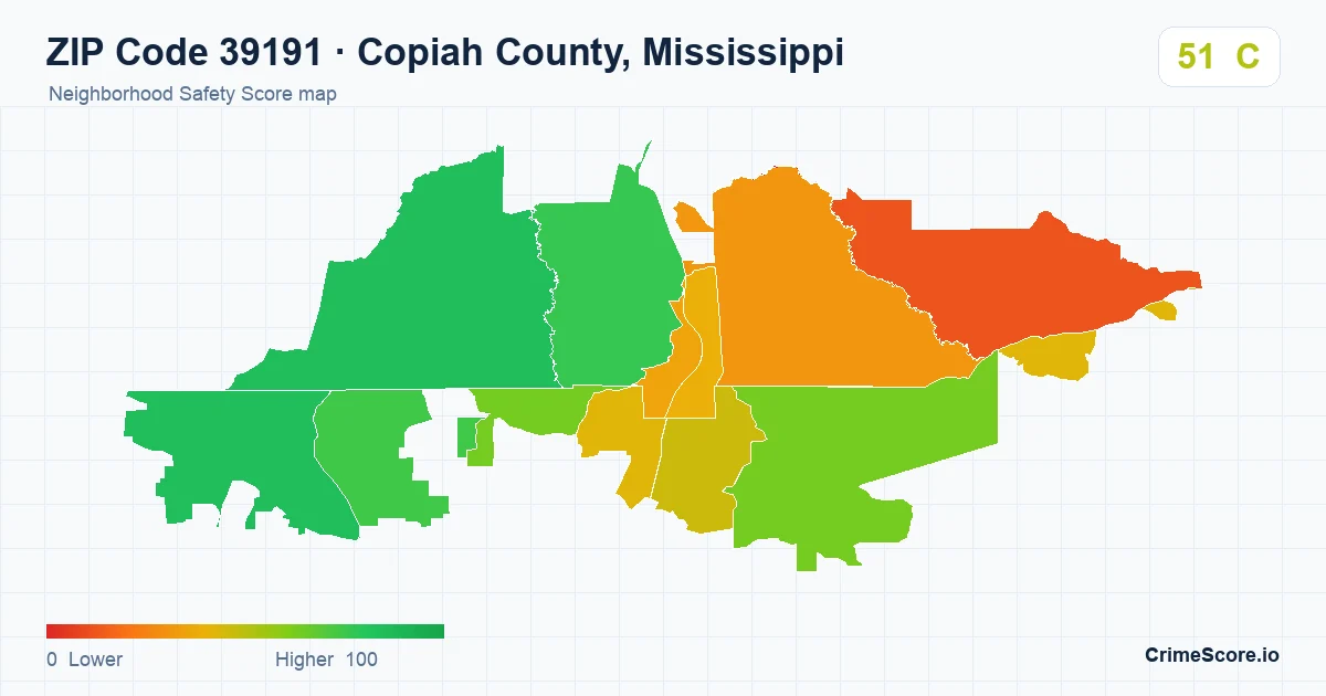 ZIP Code 39191 in Copiah County, Mississippi neighborhood Safety Score map