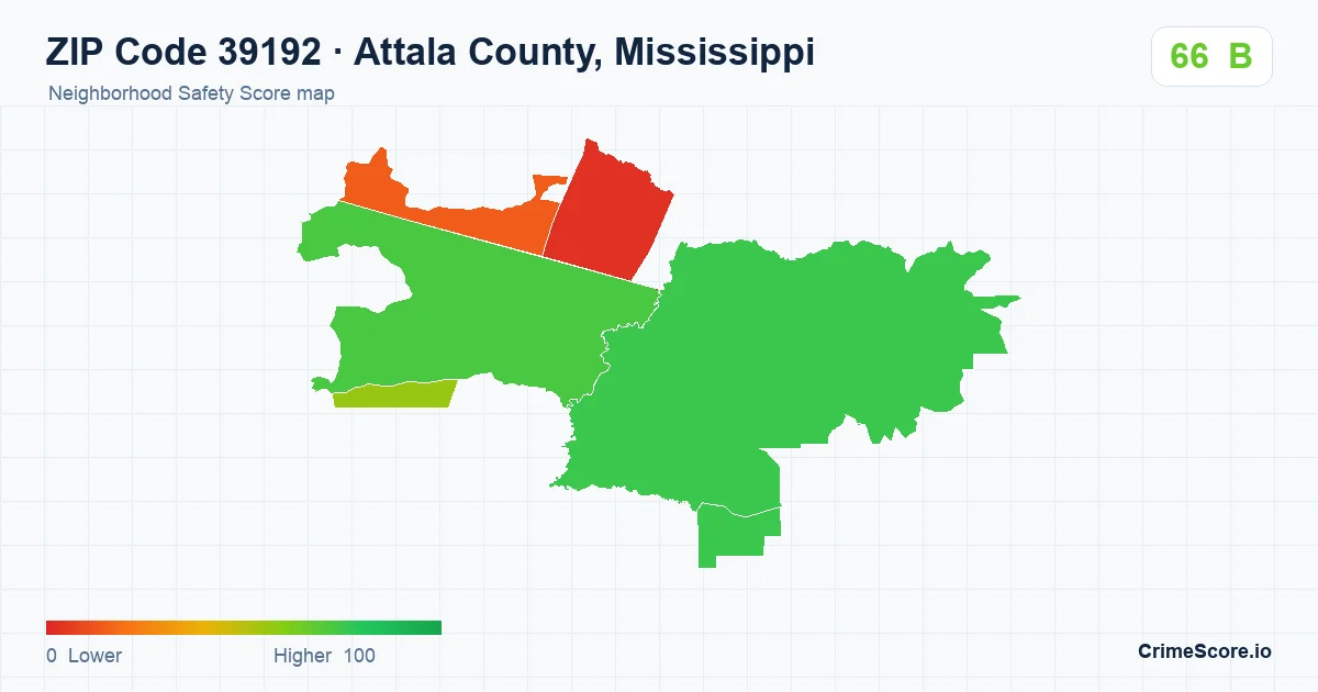 ZIP Code 39192 in Attala County, Mississippi neighborhood Safety Score map