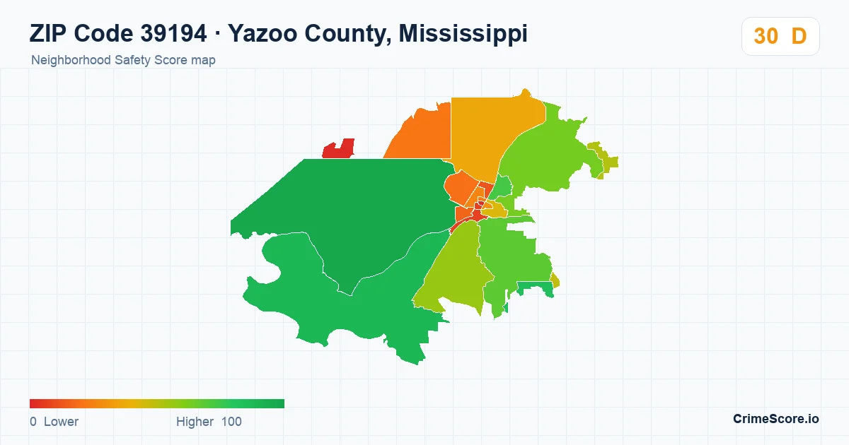 ZIP Code 39194 in Yazoo County, Mississippi neighborhood Safety Score map
