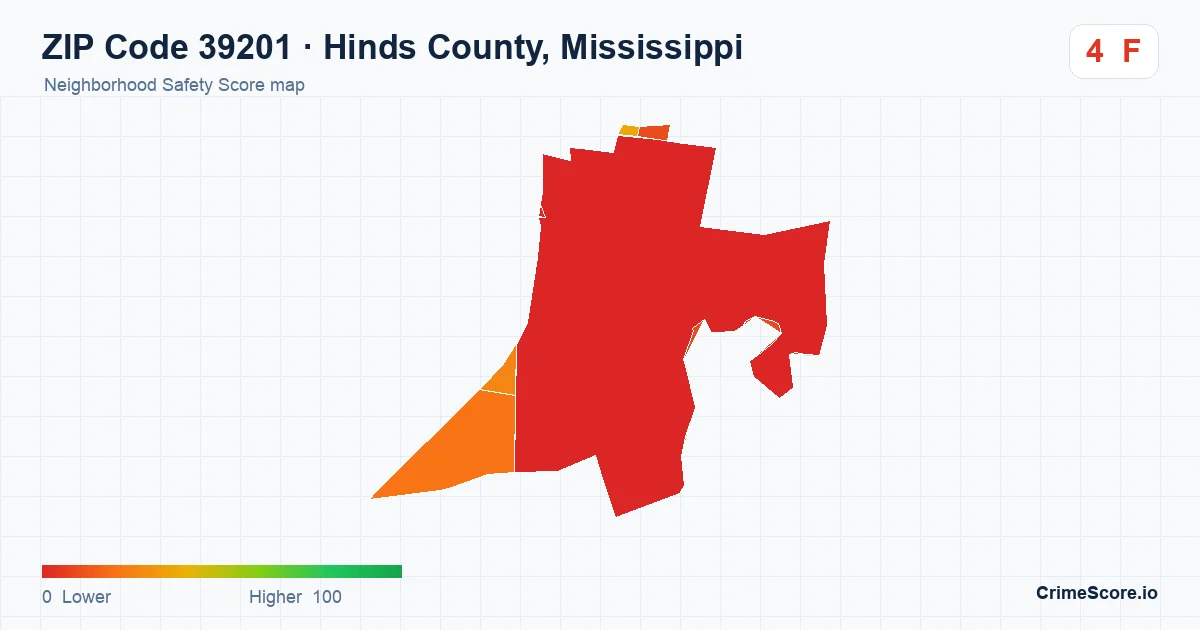 ZIP Code 39201 in Hinds County, Mississippi neighborhood Safety Score map